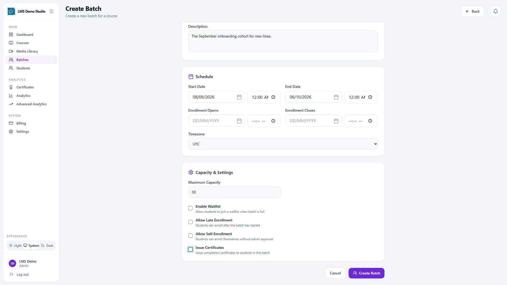 Creating a batch — a cohort with capacity, dates, and certificate issuance enabled