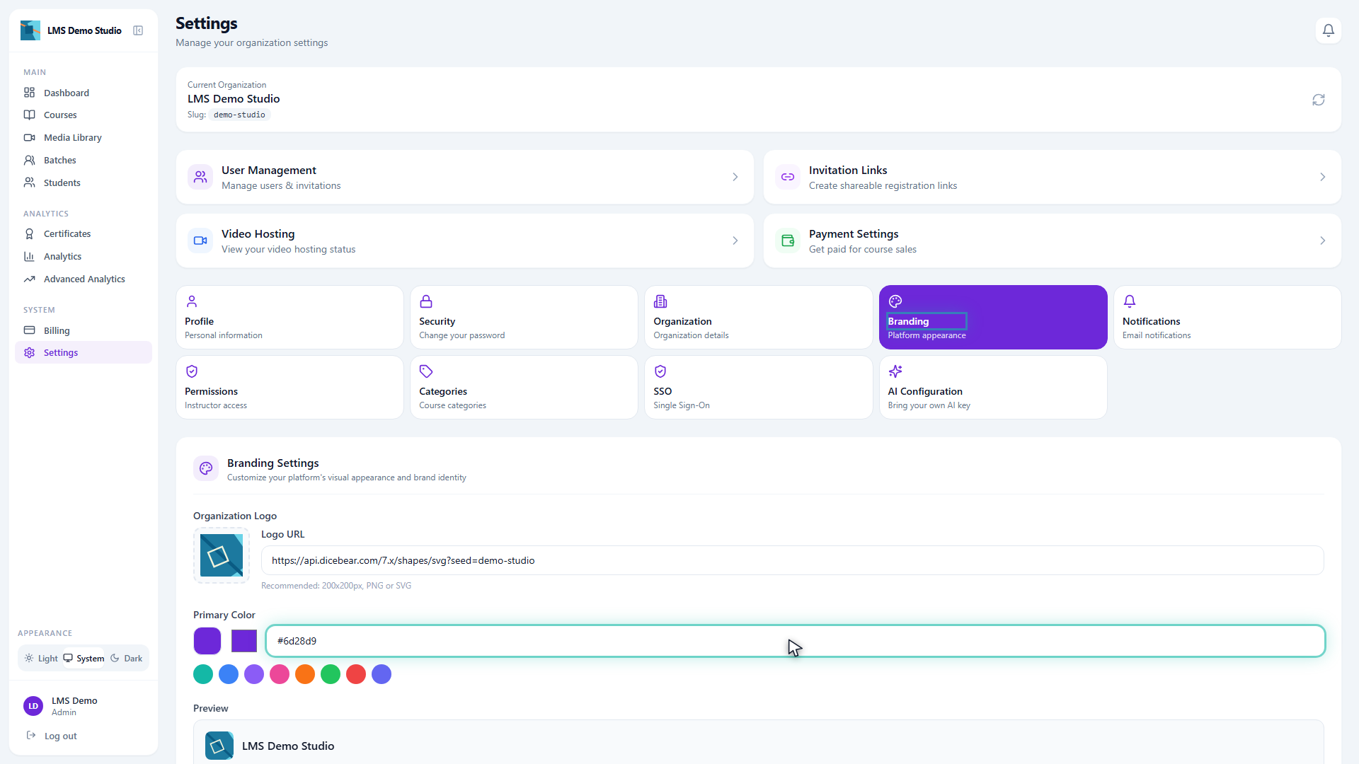 Branding settings — logo and primary color, live-previewed before saving