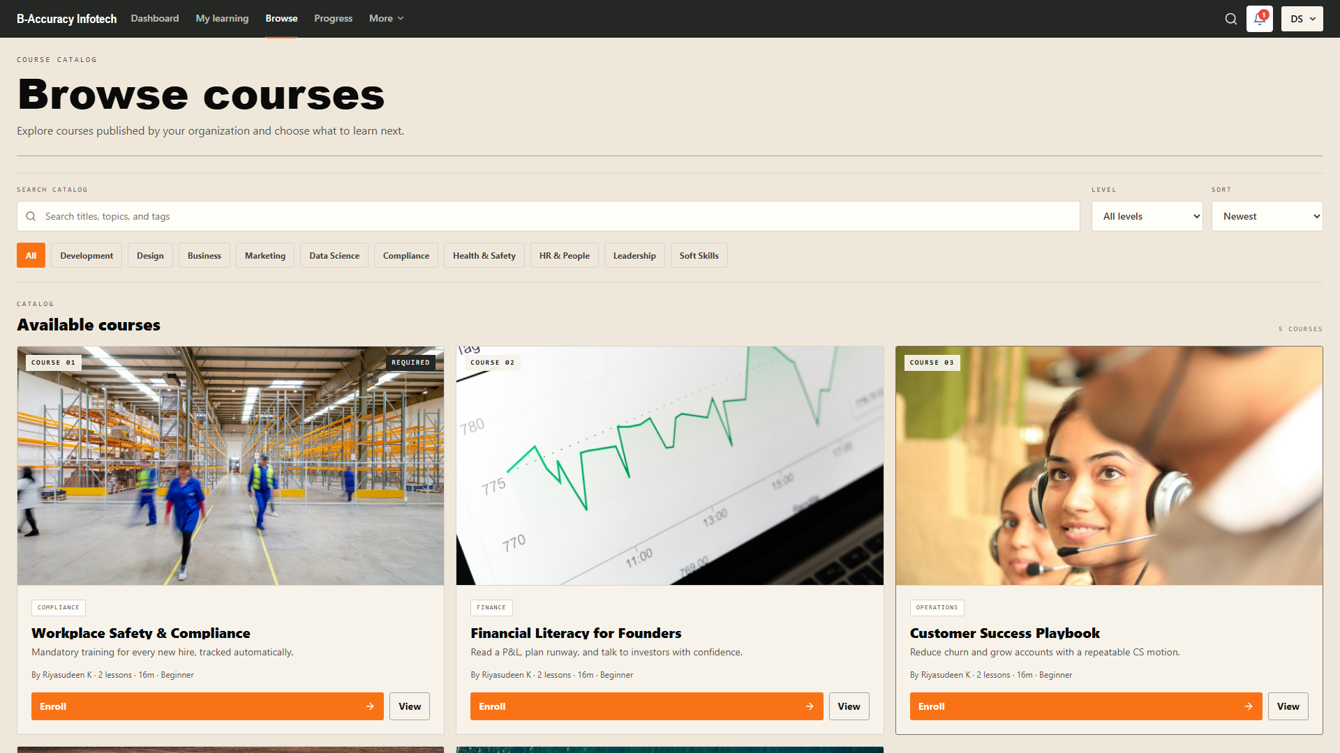 Course catalog with course artwork and course details