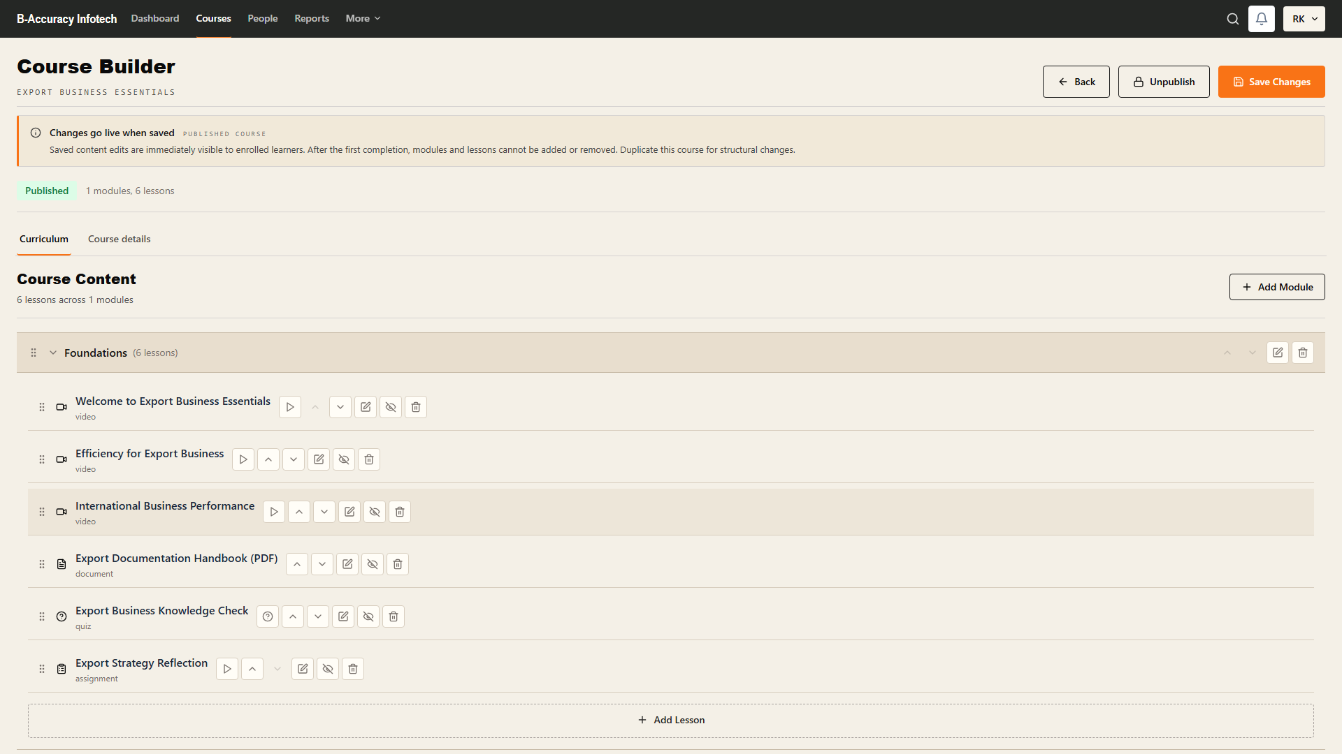 Actual course builder with course modules and lesson controls