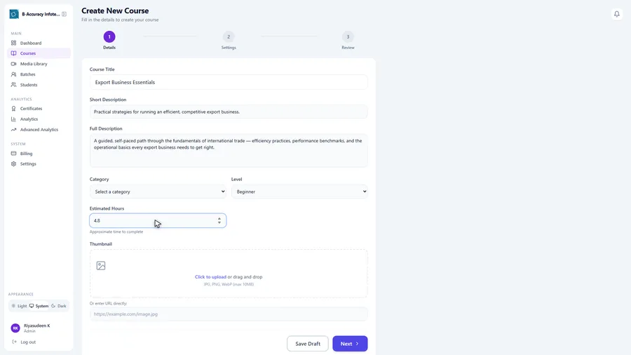 Creating a new course