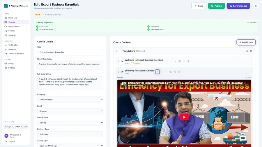 A lesson’s real YouTube thumbnail, rendered inline in the course editor