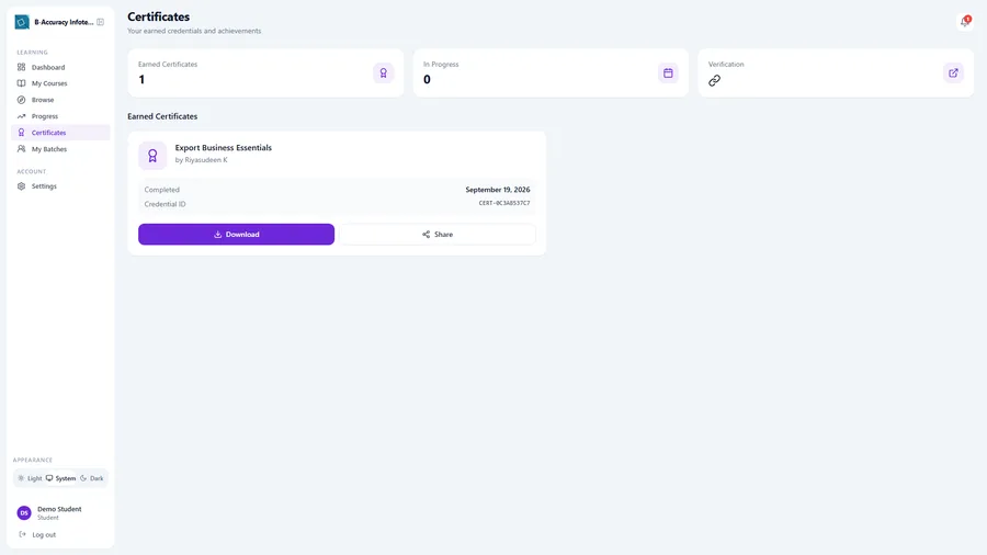 A real earned certificate, with credential ID, ready to download or share